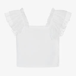 iDO Junior-Girls White Cotton Ruffle Top | Childrensalon Outlet