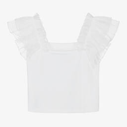 iDO Junior-Girls White Cotton Ruffle Top | Childrensalon Outlet