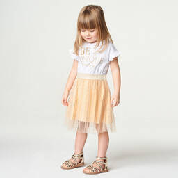 iDO Baby-Girls White & Gold Tulle Dress | Childrensalon Outlet