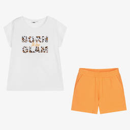 iDO Junior-طقم شورت قطن لون أبيض وبرتقالي للبنات | Childrensalon Outlet