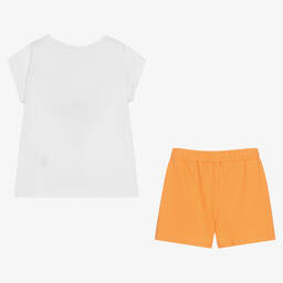 iDO Junior-طقم شورت قطن لون أبيض وبرتقالي للبنات | Childrensalon Outlet
