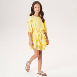 iDO Junior-فستان شيفون مزين بكشكش لون أصفر | Childrensalon Outlet