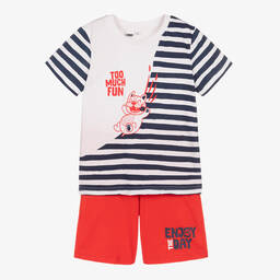 iDO Baby-White, Blue & Red Cotton Shorts Set | Childrensalon Outlet