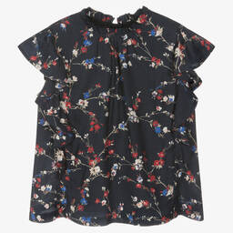 آي كيه كيه إس-Girls Navy Blue Floral Top | Childrensalon Outlet