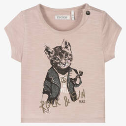 IKKS-Girls Pink Cat Cotton T-Shirt | Childrensalon Outlet