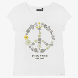 IKKS-Girls White Peace Sign T-Shirt | Childrensalon Outlet