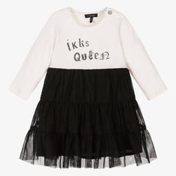 آي كيه كيه إس-فستان قطن جيرسي وتول لون عاجي وأسود | Childrensalon Outlet
