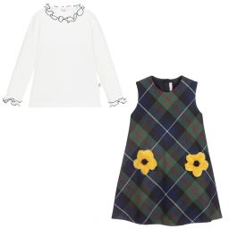 Il Gufo-فستان تارتان و توب قطن جيرسي لون كحلي و عاجي | Childrensalon Outlet