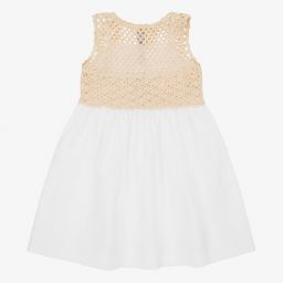 Il Gufo-Бежевое хлопковое платье с вязаным крючком верхом | Childrensalon Outlet
