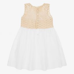Il Gufo-Бежевое хлопковое платье с вязаным крючком верхом | Childrensalon Outlet