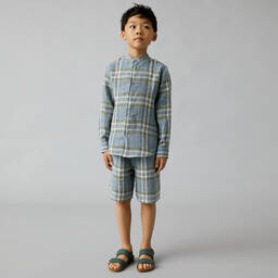 Il Gufo-قميص كتان كاروهات لون أزرق للأولاد | Childrensalon Outlet