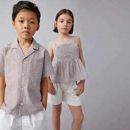 Il Gufo-Рубашка в коричневую полоску и шорты из хлопка для мальчиков | Childrensalon Outlet