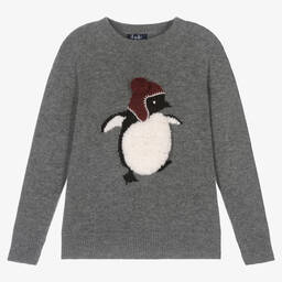Il Gufo-Серый шерстяной свитер с пингвином | Childrensalon Outlet