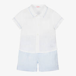 Il Gufo-Boys White & Blue Linen Short Set | Childrensalon Outlet