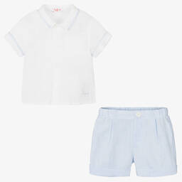 Il Gufo-Boys White & Blue Linen Short Set | Childrensalon Outlet