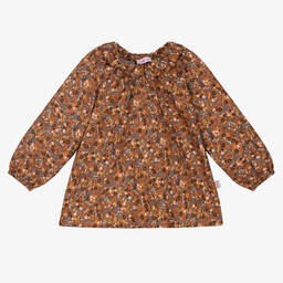 Il Gufo-بلوز أطفال بناتي قطن بوبلين لون بني بطبعة ورود | Childrensalon Outlet