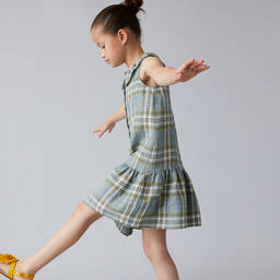 Il Gufo-فستان كتان كاروهات لون أزرق | Childrensalon Outlet