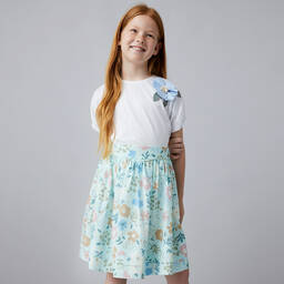 Il Gufo-Girls Blue Cotton Floral Skirt Set | Childrensalon Outlet