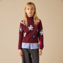 Il Gufo-Girls Burgundy Wool Floral Jumper | Childrensalon Outlet
