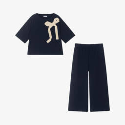 Il Gufo-Girls Elegant Navy & Ivory Bow Ensemble | Childrensalon Outlet
