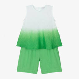 Il Gufo-Girls Green Linen Shorts Set | Childrensalon Outlet