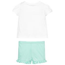 Il Gufo-شورت وتوب أطفال بناتي قطن لون أبيض وأخضر | Childrensalon Outlet