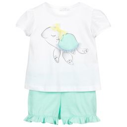 Il Gufo-شورت وتوب أطفال بناتي قطن لون أبيض وأخضر | Childrensalon Outlet