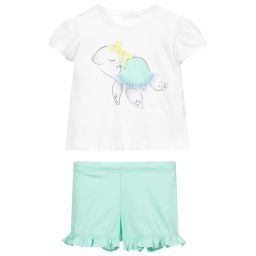 Il Gufo-شورت وتوب أطفال بناتي قطن لون أبيض وأخضر | Childrensalon Outlet