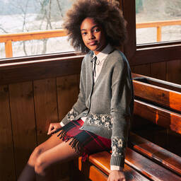 إيل غوفو-كارديغان صوف محبوك رمادي بتطريز زهور للبنات | Childrensalon Outlet