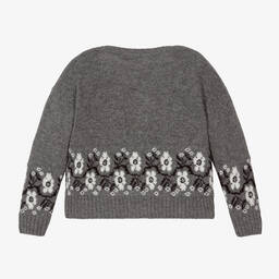 إيل غوفو-كارديغان صوف محبوك رمادي بتطريز زهور للبنات | Childrensalon Outlet