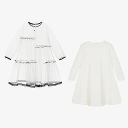 Il Gufo-Кремово-черное платье из тюля с рюшами | Childrensalon Outlet