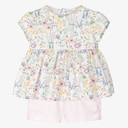 Il Gufo-Girls Ivory Floral Cotton Shorts Set | Childrensalon Outlet