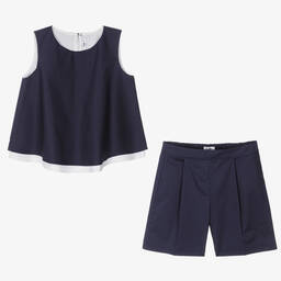 Il Gufo-طقم شورت قطن بوبلين لون كحلي للبنات | Childrensalon Outlet