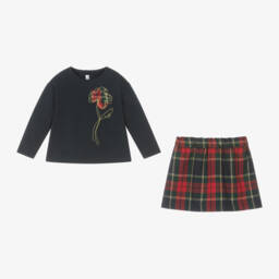 Il Gufo-Girls Navy Tartan Skirt Ensemble | Childrensalon Outlet
