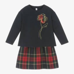 Il Gufo-Girls Navy Tartan Skirt Ensemble | Childrensalon Outlet