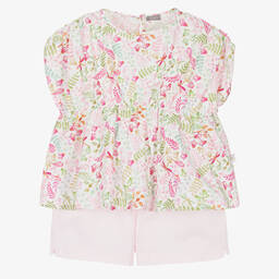 Il Gufo-طقم شورت بطبعة ورود قطن بوبلين لون زهري | Childrensalon Outlet