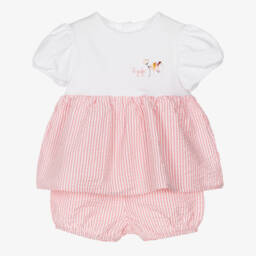 Il Gufo-طقم شورت مخطط بالوردي والأبيض للبنات | Childrensalon Outlet