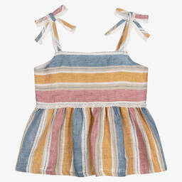 Il Gufo-Girls Pink & Yellow Striped Linen Blouse | Childrensalon Outlet