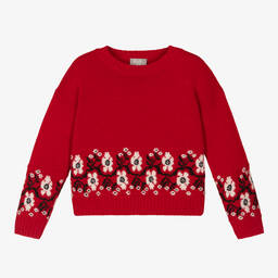 Il Gufo-Girls Red Flower Fair Isle Wool Sweater | Childrensalon Outlet