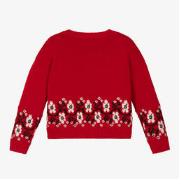 Il Gufo-Girls Red Flower Fair Isle Wool Sweater | Childrensalon Outlet
