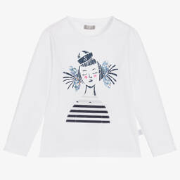 Il Gufo-Girls White & Blue Cotton Top | Childrensalon Outlet