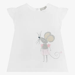 Il Gufo-Белая хлопковая футболка с мышкой для девочек | Childrensalon Outlet