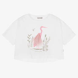 Il Gufo-Girls White Cropped Cotton T-Shirt | Childrensalon Outlet
