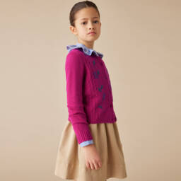 Il Gufo-كارديغان صوف مطرز بورود لون زهري للبنات | Childrensalon Outlet