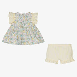 إيل غوفو-طقم شورت أطفال بناتي قطن مقلم لون أصفر بطبعة ورود | Childrensalon Outlet