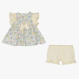 إيل غوفو-طقم شورت أطفال بناتي قطن مقلم لون أصفر بطبعة ورود | Childrensalon Outlet