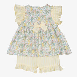 إيل غوفو-طقم شورت أطفال بناتي قطن مقلم لون أصفر بطبعة ورود | Childrensalon Outlet