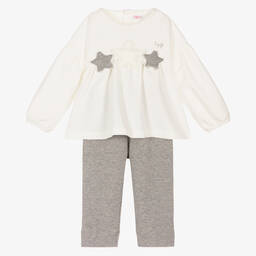إيل غوفو-طقم بنطلون أطفال بناتي قطن جيرسي لون عاجي ورمادي | Childrensalon Outlet