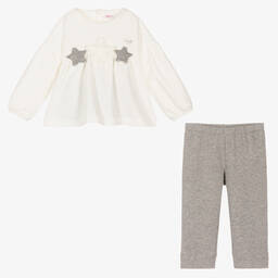 إيل غوفو-طقم بنطلون أطفال بناتي قطن جيرسي لون عاجي ورمادي | Childrensalon Outlet