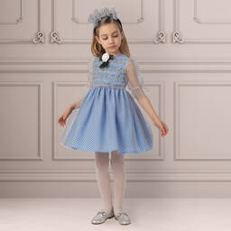Irpa-Girls Blue Tulle Polka Dot Dress | Childrensalon Outlet